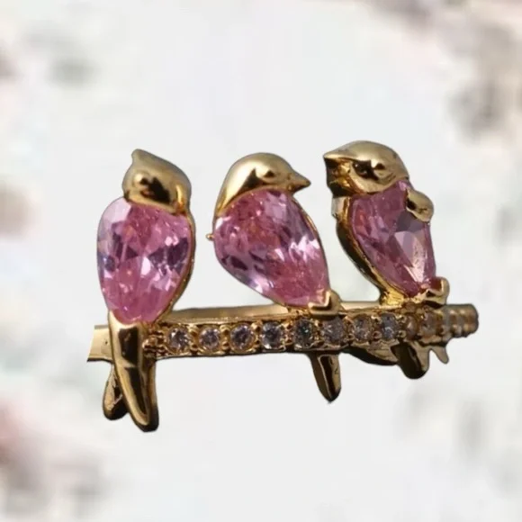 NWT Three Pink Crystal Spring Birds Perched on a Gold Tone Branch Ring Size 7 - Picture 6 of 7